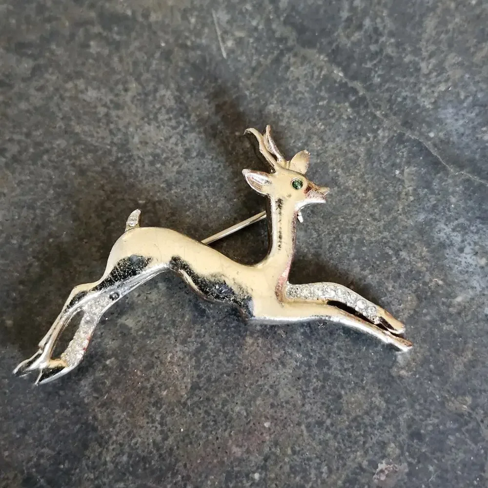 Vtg Gold Tone Brooch Pin Reindeer Ibex Gazelle Antelope Rhinestone Signed Cor.